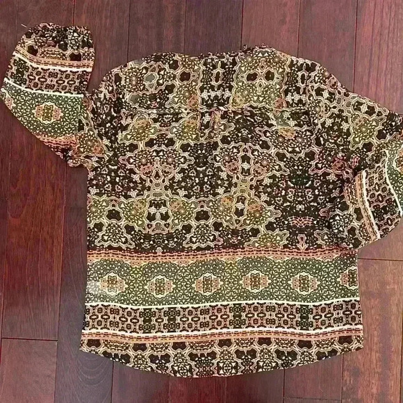 Democracy Women’s Boho Tie Front Tunic Top 3/4 Sleeve Sheer Shirt Blouse Size L - Picture 4 of 8